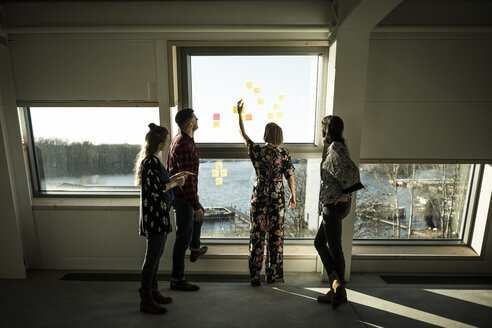 Creative professinal standing in office, brainstorming, putting sticky notes on a window - MJRF00203