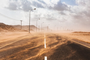 Sultanate Of Oman, Ras al Hadd, Desert road in a sand storm - WVF01126