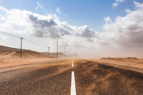 Sultanate Of Oman, Ras al Hadd, Desert road in a sand storm - WVF01127