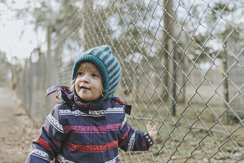 Toddler girl in warm clothes at a fence in forest - DWF00422
