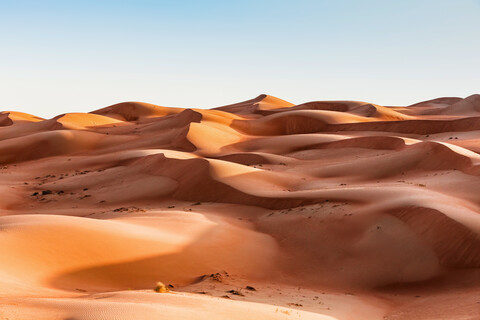 Sultanat Oman, Wahiba Sands, Dünen in der Wüste, lizenzfreies Stockfoto