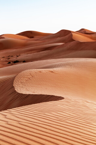 Sultanat Oman, Wahiba Sands, Dünen in der Wüste, lizenzfreies Stockfoto