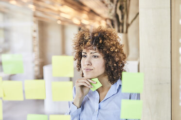 businesswoman brainstorming with post-its on glass pane - FMKF05566