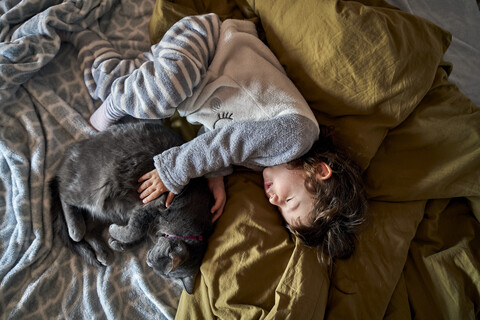 Kleines Mädchen und graue Katze schlafen auf dem Bett, Ansicht von oben, lizenzfreies Stockfoto