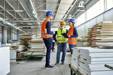 Kollegen in Arbeitsschutzkleidung im Gespräch in der Fabrik - ZEDF02109