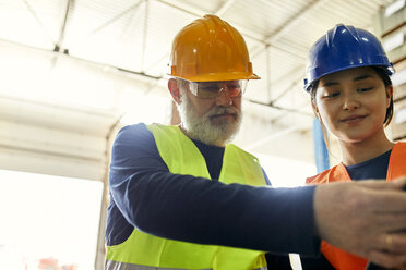 Männlicher und weiblicher Arbeiter arbeiten zusammen in einer Fabrik - ZEDF02176