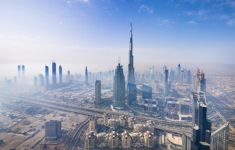 Vereinigte Arabische Emirate, Dubai, Stadtbild mit Burj Khalifa, lizenzfreies Stockfoto
