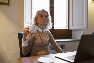 Portrait of mature businesswoman sitting at table with laptop drinking cup of coffee - FBAF00431