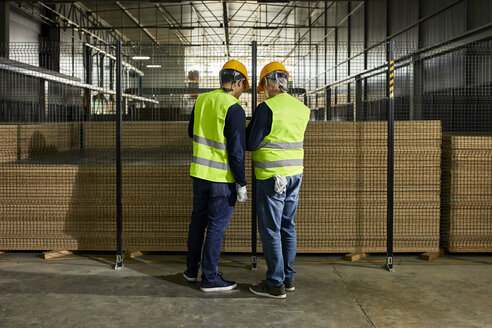 Rückansicht von Arbeitern, die am Gitter in einer Fabrik stehen - ZEDF02243