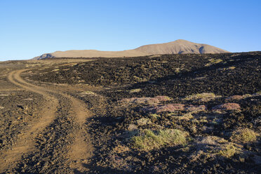 Spanien, Kanarische Inseln, Lanzarote, Tinajo, Naturpark Los Volcanos, Fahrspur durch Lavafeld - SIEF08598