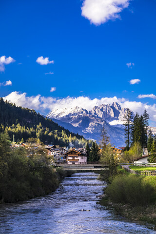 Italy, Trentino Alto Adige, Soraga, view of the village and river stock photo