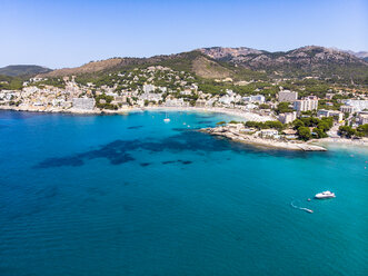 Spain, Majorca, Costa de la Calma, aerial view over Peguera with hotels and beaches - AMF06938