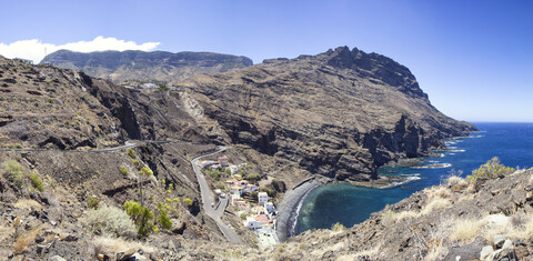 Spanien, Kanarische Inseln, La Gomera, Alojera, Panoramablick über Alojera, lizenzfreies Stockfoto