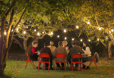 Freunde genießen das Abendessen Gartenparty unter Bäumen mit Lichterketten - CAIF23212