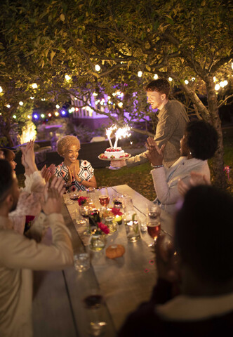 Friends celebrating birthday with sparkler cake at garden party stock photo