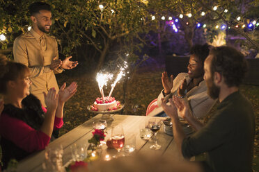 Glückliche Freunde feiern Geburtstag mit Wunderkerze Kuchen im Garten Partei Tabelle - CAIF23225