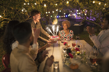 Glückliche Freunde feiern Geburtstag mit Wunderkerze Kuchen im Garten Partei Tabelle - CAIF23228