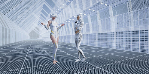 Robot with woman wearing virtual reality goggles in futuristic corridor - BLEF00392