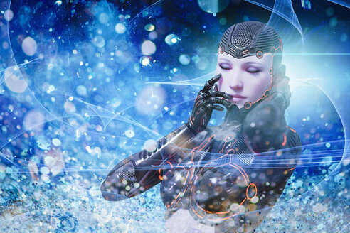 Robot woman dreaming in blue cyberspace - BLEF00609