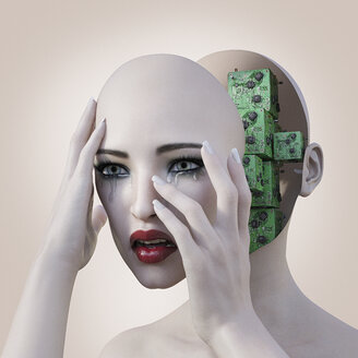 Robot woman holding removable face mask revealing circuits - BLEF00671