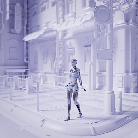 Robot woman walking in futuristic white city stock photo