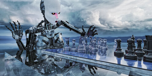 Roboterfrau spielt Schach in Wolken - BLEF00872
