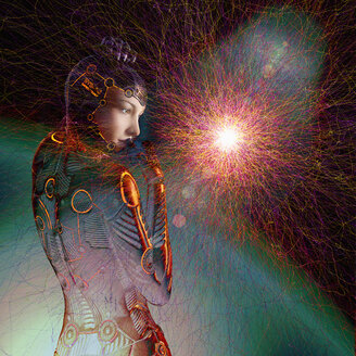 Futuristic robot woman in cyberspace - BLEF00911