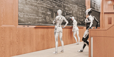Robot women solving equations on blackboard stock photo