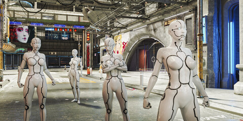 Roboterfrauen in einer futuristischen Stadt, lizenzfreies Stockfoto