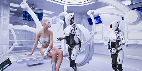 Bandage on cheek of android in futuristic hospital - BLEF00973