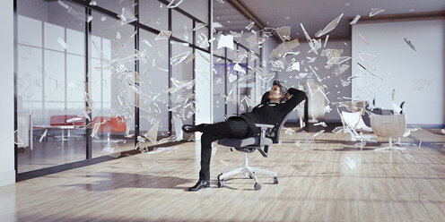 Businessman relaxing chair surrounded by shards of glass - BLEF00990