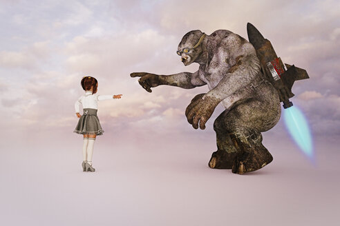 Girl giving directions to ogre - BLEF01140