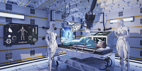 Robot nurses examining expectant mother - BLEF01149