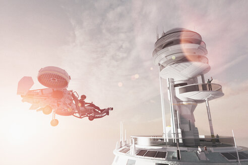 Man in futuristic tower waving to flying vehicle - BLEF01151