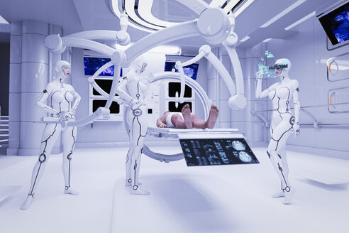 Robot women performing medical examination on man - BLEF01152