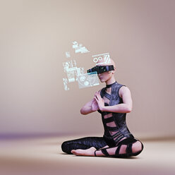 Frau trägt eine Virtual-Reality-Brille beim Meditieren - BLEF01153