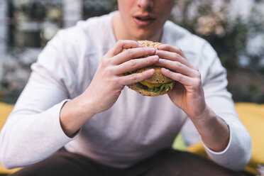 Nahaufnahme eines Mannes, der einen veganen Burger isst - FBAF00449