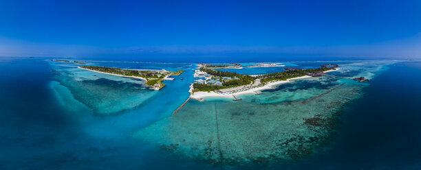 Malediven, Süd-Male-Atoll, Lagune von Olhuveli und Bodufinolhu, Luftaufnahme - AMF06969
