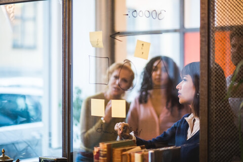 Businesswoman planning strategy on glass wall with colleagues at creative office stock photo