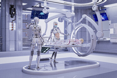 Futuristic nurses repairing cyborg - BLEF01347