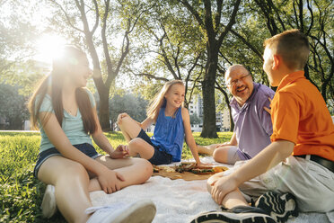 Smiling Caucasian family eating food at picnic - BLEF01406