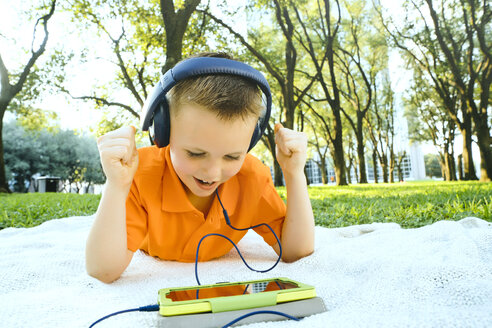 Kaukasischer Junge, der auf einer Decke im Park mit einem digitalen Tablet feiert - BLEF01426