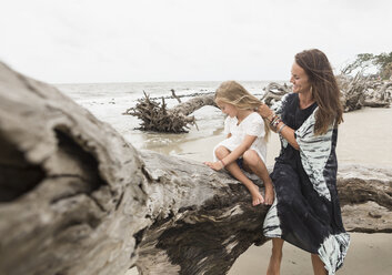 Caucasian mother and daughter sitting on driftwood on beach - BLEF01653