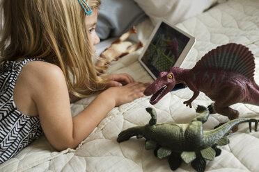 Caucasian girl laying on bed with toy dinosaurs using digital tablet - BLEF01808