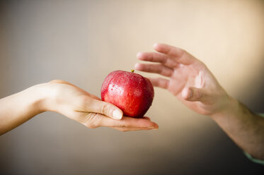 Hand einer Frau, die einem Mann einen roten Apfel anbietet - BLEF01839