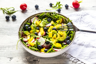 Schüssel Rucola mit Mango, Avocado, roten Radieschen und Heidelbeeren - SARF04247