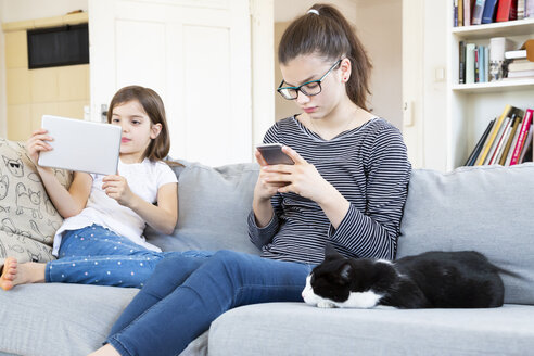 Zwei Schwestern sitzen zu Hause auf der Couch und benutzen elektronische Geräte - LVF08008