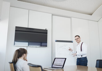 Geschäftsfrau mit Laptop und Geschäftsmann am Flipchart bei der Arbeit im Büro - AHSF00264