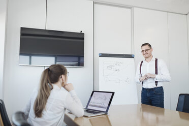 Geschäftsfrau mit Laptop und Geschäftsmann am Flipchart bei der Arbeit im Büro - AHSF00265