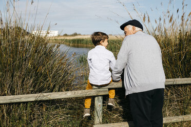 Rückenansicht eines kleinen Jungen und seines Großvaters, die sich gegenseitig ansehen - JRFF03176